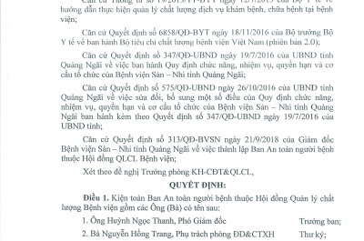 quyết định v/v kiện toàn ban an toàn người bệnh thuộc hội đồng quảng lý chất lượng bệnh viện sản-nhi tỉnh quảng ngãi